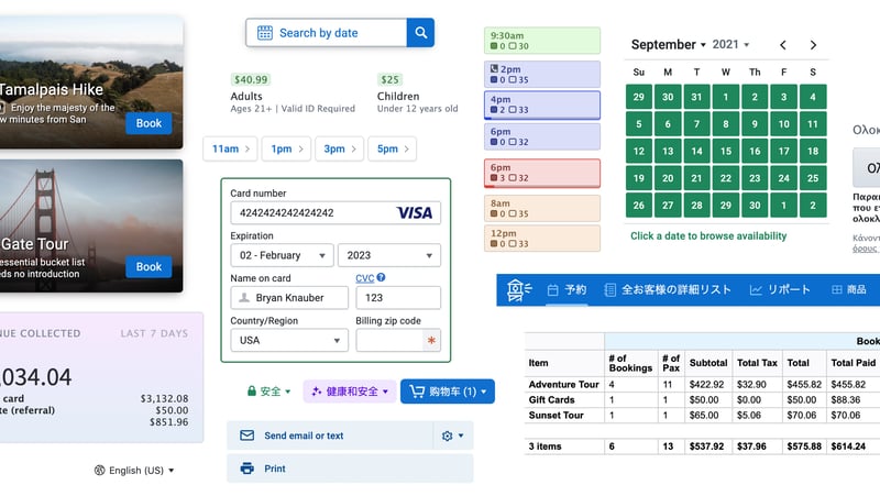 Collage of FareHarbor booking forms, calendars, payment screens, and reports.