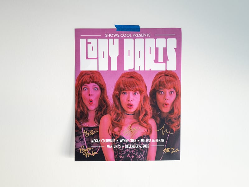 Pink Lady Parts poster with three expressive portraits and large white lettering.