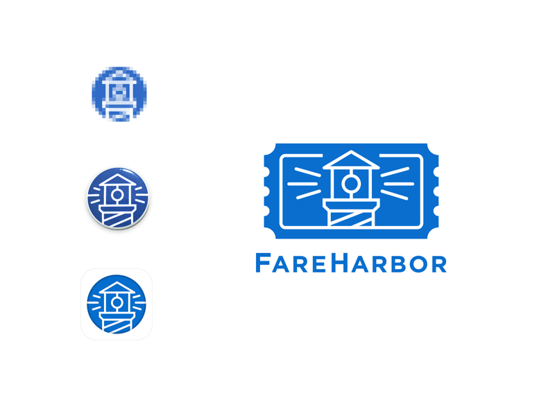 Blue FareHarbor lighthouse logo shown as a ticket-shaped wordmark, pin, app icon, and favicon.