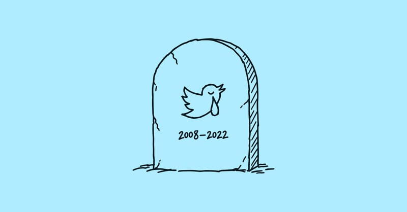 Drawing of a gravestone with the Twitter bird and the dates 2008–2022.